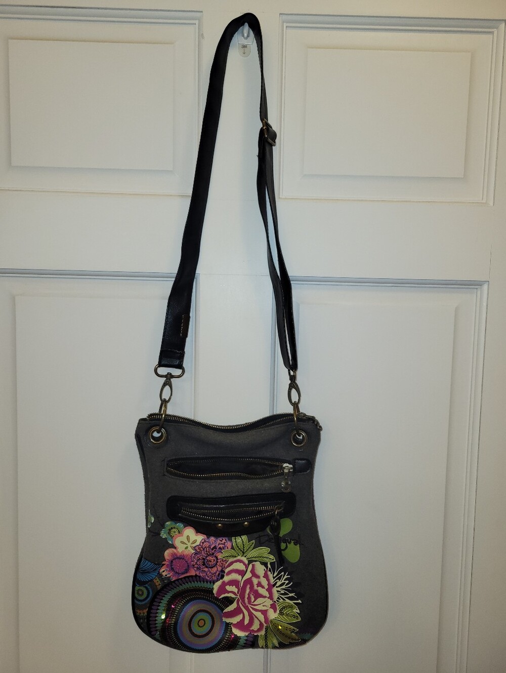 Desigual Boho Floral Embroidered Sequin Crossbody Bag Gray Canvas Y2K